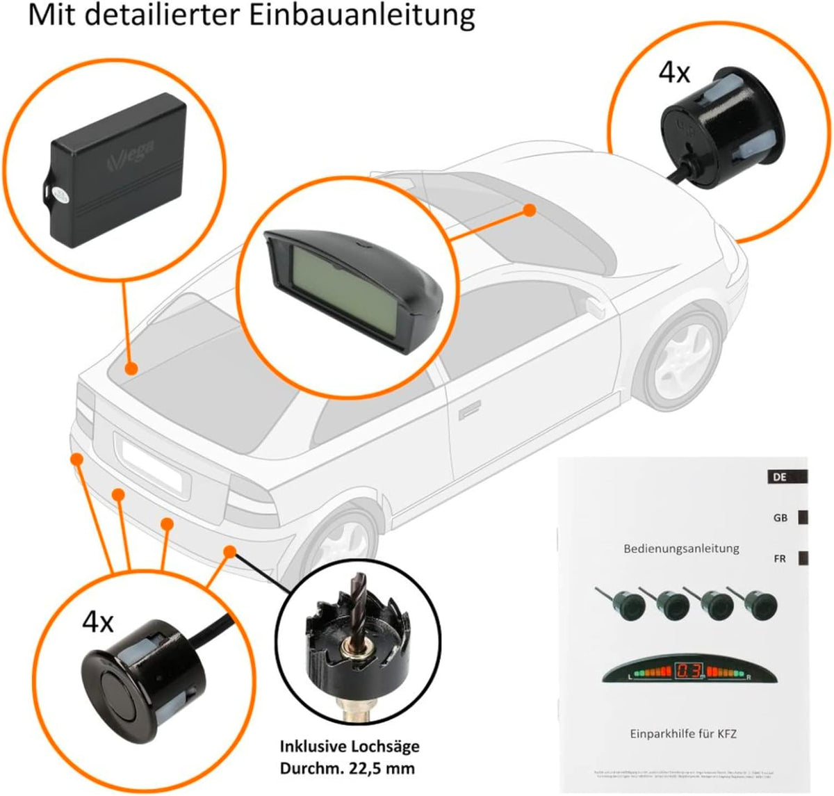 VSG24 22145 - Premium Combi Set Front, Rear incl. 8 sensoren, kleurendisplay & akoestisch signaal, automatisch parkeerhulp parkeersysteem - Zwart