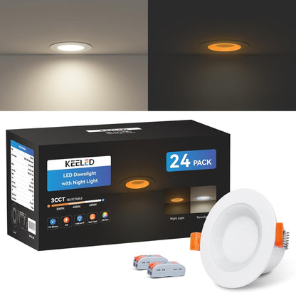 KEELED Inbouwspots voor Plafond, Inbouwverlichting met Nachtlampfunctie, 230V, 6W, 3 kleurtemperaturen 3000K/4000K/6000K selecteerbaar, 70-85mm inbouwgat, 24 stuks