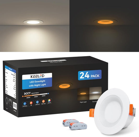 KEELED Inbouwspots voor Plafond, Inbouwverlichting met Nachtlampfunctie, 230V, 6W, 3 kleurtemperaturen 3000K/4000K/6000K selecteerbaar, 70-85mm inbouwgat, 24 stuks