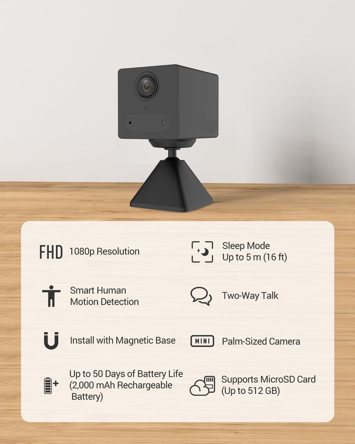 Beveiligingscamera Binnen - WiFi-bewakingscamera - Draadloze IP-camera - met 2000 mAh Batterij - PIR-Persoonsherkenning, IR-Nachtzicht - 2-weg Audio - Ondersteunt SD-kaart tot 512 GB - Zwart