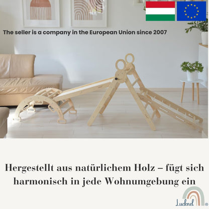 5-in-1 Montessori klimrek binnenshuis set – Pikler driehoek, klimboog, klimnet en indoor glijbaan met dubbelzijdige helling – binnenspeelplaats vanaf 1 jaar, onbehandeld hout