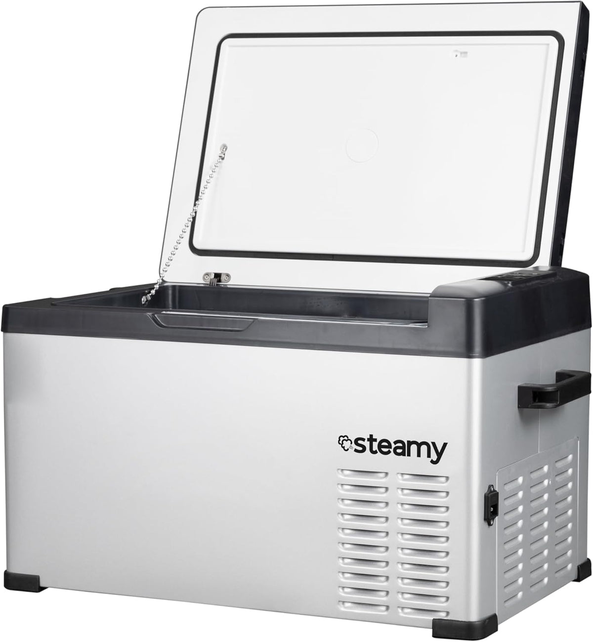 Steamy-E Single Zone 30, Elektrische Compressor Koelbox, 27 Liter, Zilver, 12V/230V, voor vriezen en koelen van -20 tot +20, ideaal voor op de camping