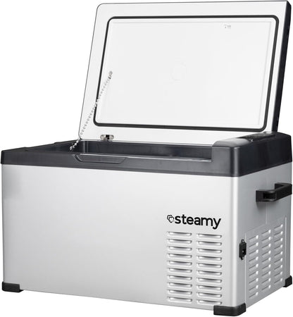 Steamy-E Single Zone 30, Elektrische Compressor Koelbox, 27 Liter, Zilver, 12V/230V, voor vriezen en koelen van -20 tot +20, ideaal voor op de camping