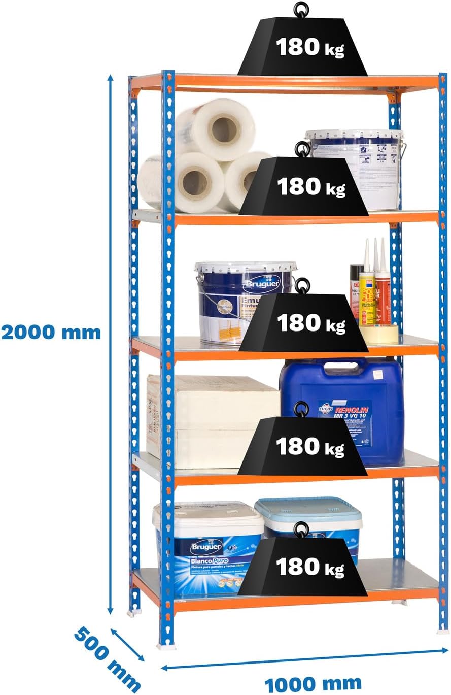 Simon Rack Stellingkast Metaal, 2000x1000x500 mm, Buigpunt 180, 5 Verstelbare Niveaus, Metalen Planken, Robuust Opslagrek voor Garage, Kelder en Werkplaats, Blauw/Oranje/Gegalvaniseerd – SimonClick