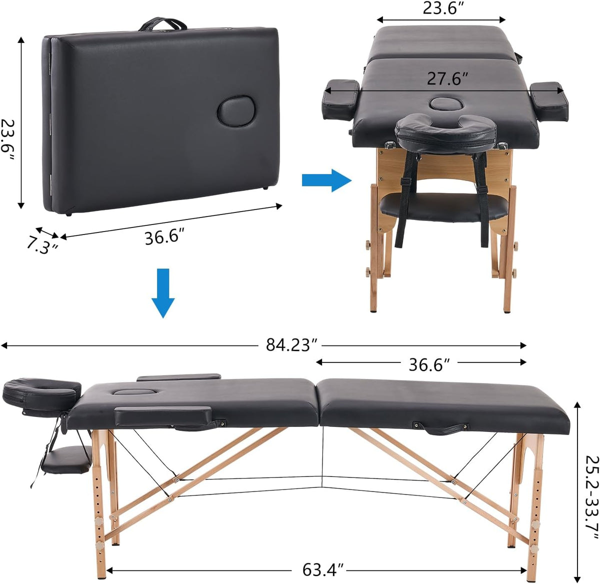 Massagetafel – Behandelbank – Massagebed – Verzorgingstafel – Wimpertafel – Zwart – 60 Cm Breed – Opvouwbaar – 8-Voudig Verstelbaar