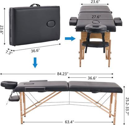 Massagetafel – Behandelbank – Massagebed – Verzorgingstafel – Wimpertafel – Zwart – 60 Cm Breed – Opvouwbaar – 8-Voudig Verstelbaar