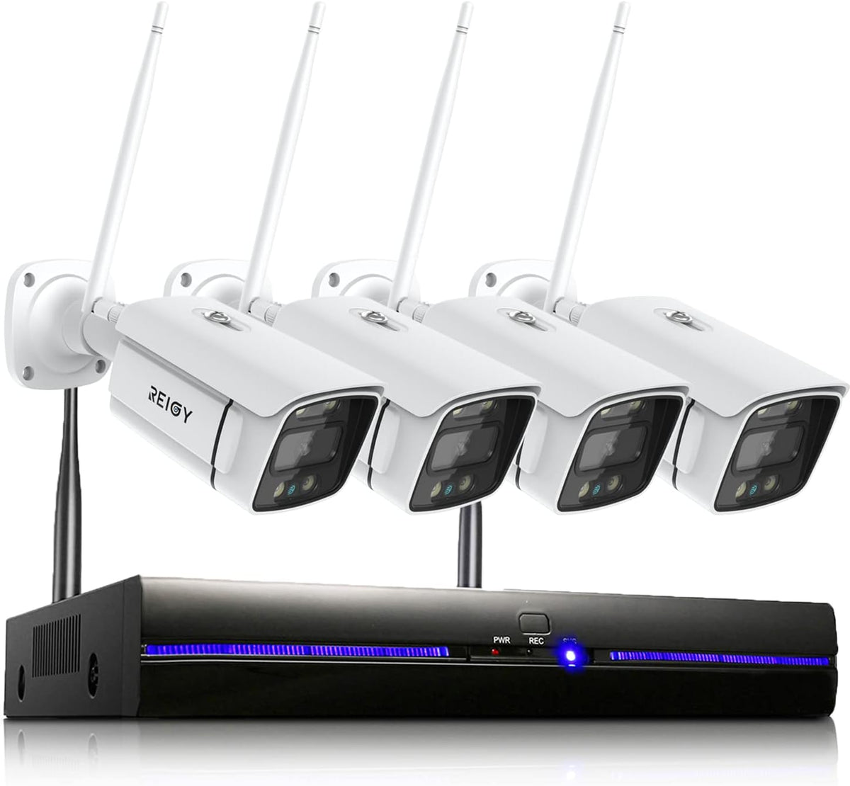 REIGY 3MP Bewakingscamera Systeem Buiten Wifi met Soptlight, Draadloze CCTV Camera System Outdoor, 8CH NVR+ 4x1296P Videobewakingsset met Tweeweg Audio Bewegingssensor, Harde Schijf Niet Inbegrepen