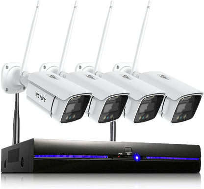 REIGY 3MP Bewakingscamera Systeem Buiten Wifi met Soptlight, Draadloze CCTV Camera System Outdoor, 8CH NVR+ 4x1296P Videobewakingsset met Tweeweg Audio Bewegingssensor, Harde Schijf Niet Inbegrepen