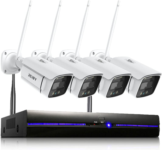 REIGY 3MP Bewakingscamera Systeem Buiten Wifi met Soptlight, Draadloze CCTV Camera System Outdoor, 8CH NVR+ 4x1296P Videobewakingsset met Tweeweg Audio Bewegingssensor, Harde Schijf Niet Inbegrepen