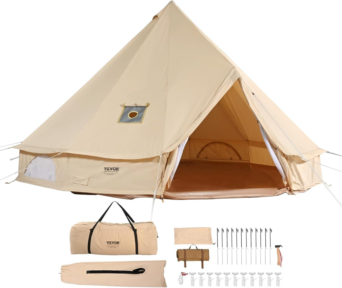 VEVOR Canvas Bell Tent 3-7 m Yurt Tent 4 Seizoenen Familie Camping Tent met Houtkachelgat, Opbergzakken voor Glamping tot 4-12 Personen