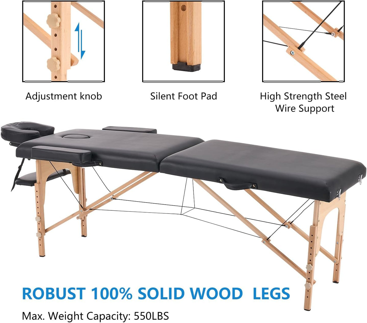 Massagetafel – Behandelbank – Massagebed – Verzorgingstafel – Wimpertafel – Zwart – 60 Cm Breed – Opvouwbaar – 8-Voudig Verstelbaar