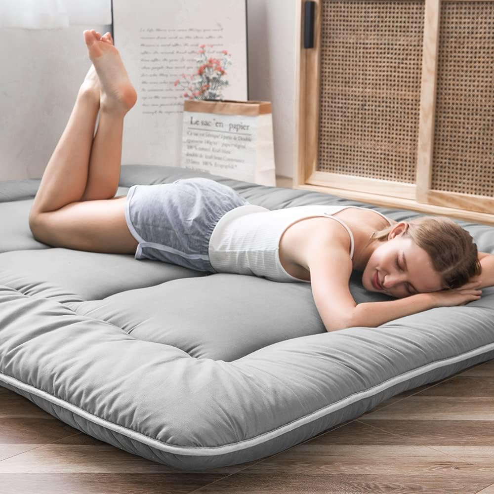 Maxyoyo Japanese Floor Mattress, Futon Mattress, Thicken Tatami Mat, Sleeping Pillow, Foldable, Roll-Up Mattress, Dormitory, Mattress, Floor Lounger, Pillow, Bed (Grey, Double)