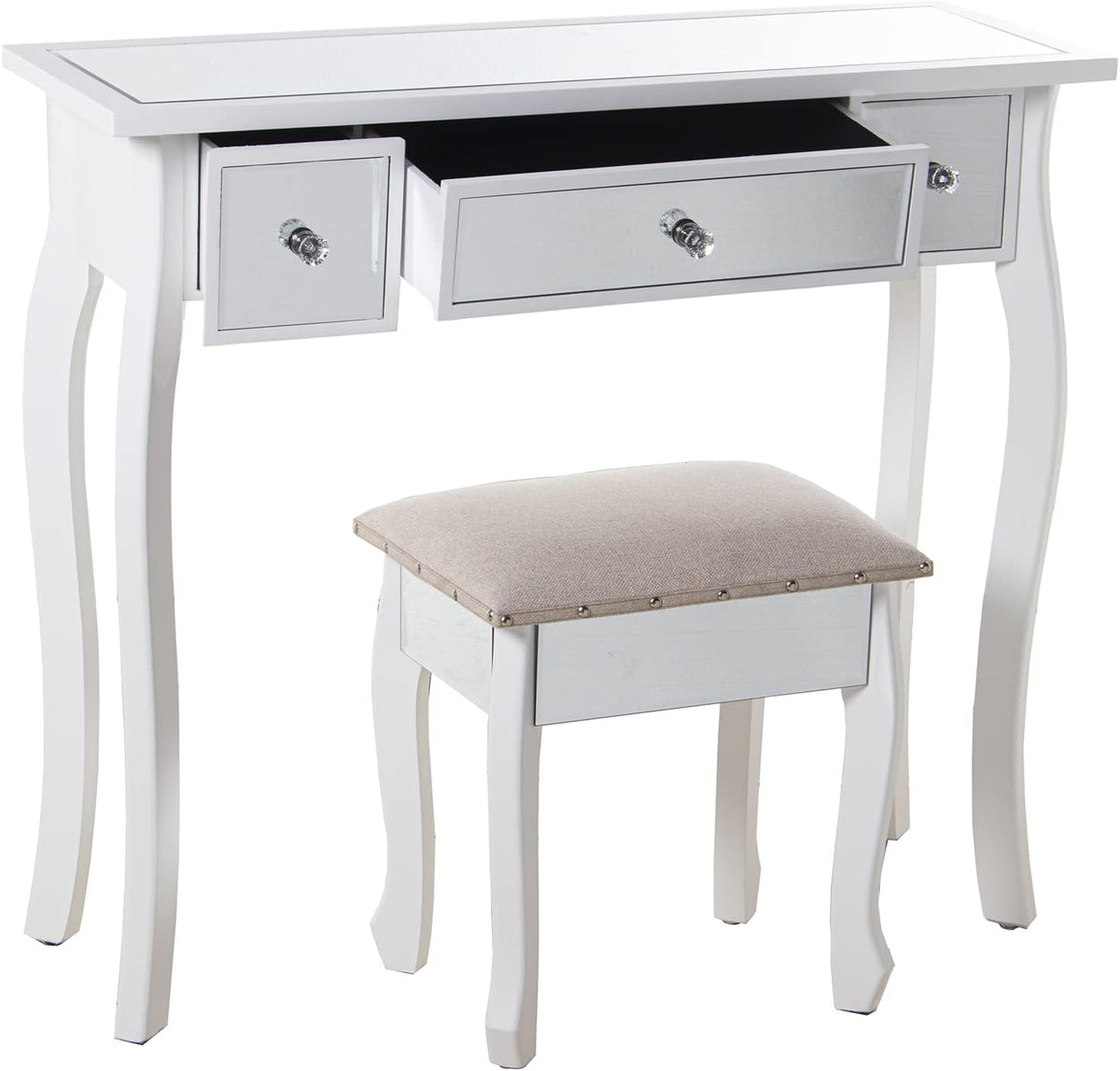 DRW Kaptafel met 3 laden van hout en spiegel en kruk in wit en spiegel 90 x 32,5 x 80 cm en kruk 40 x 34 x 43 cm