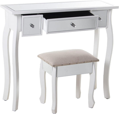 DRW Kaptafel met 3 laden van hout en spiegel en kruk in wit en spiegel 90 x 32,5 x 80 cm en kruk 40 x 34 x 43 cm