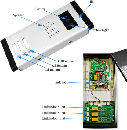 7 inch video-deurintercomsysteem, kleur bekabeld, infrarood deursysteem, nachtzichtcamera + binnenmonitor voor 2/3 woningen (3 monitoren)