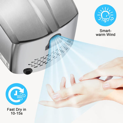 QL Elektrische Handdroger Automatische 1150W,Roestvrij Staal met HEPA-filter voor Badkamer, Commercieel,Zilver