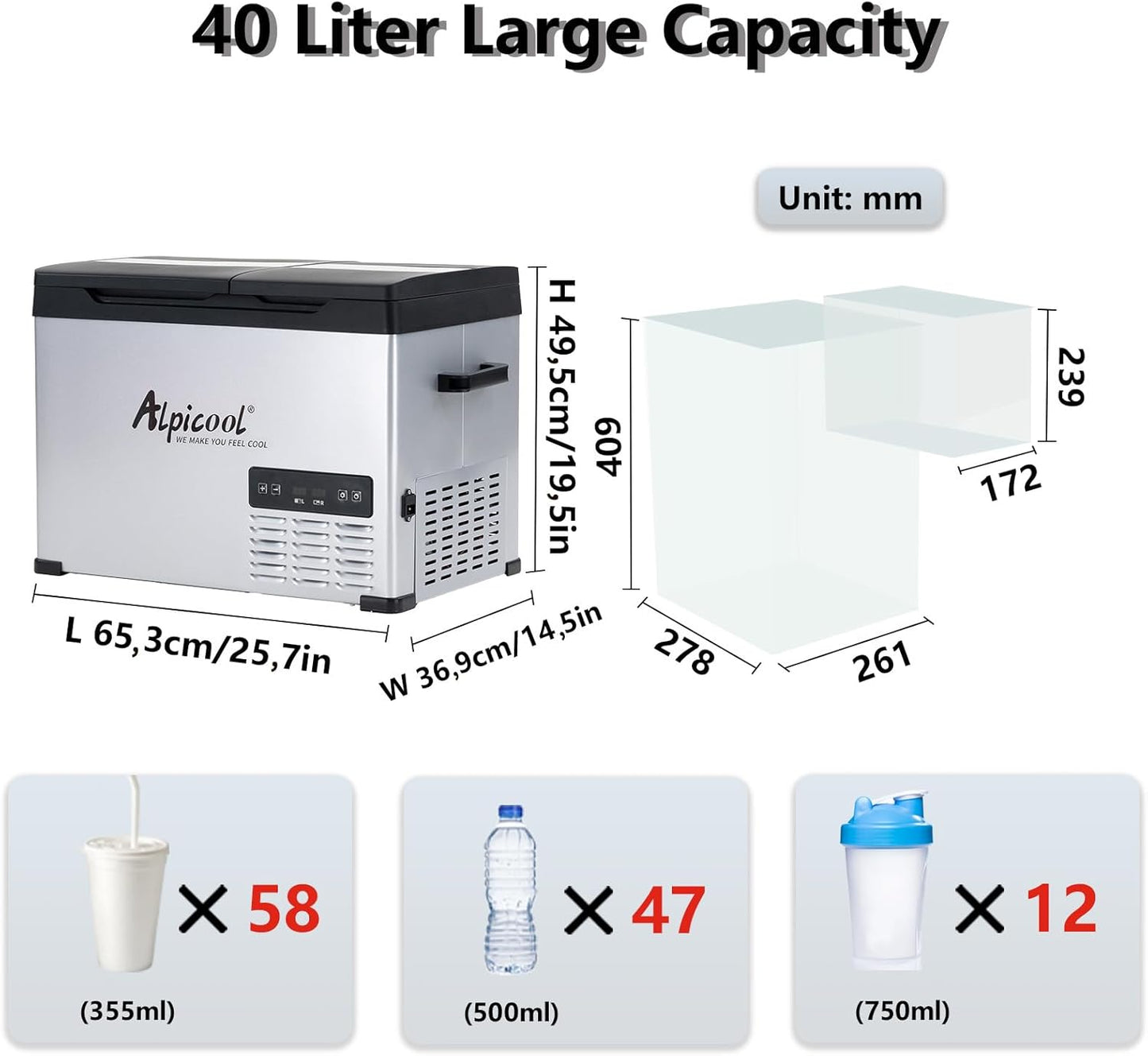 Alpicool CHS55 40L elektrische compressor Koelbox/vriesbox, Mini koelkast 12/24 V en 230 V, Autokoelkast voor auto, vrachtwagen, Dubbele temperatuurregeling