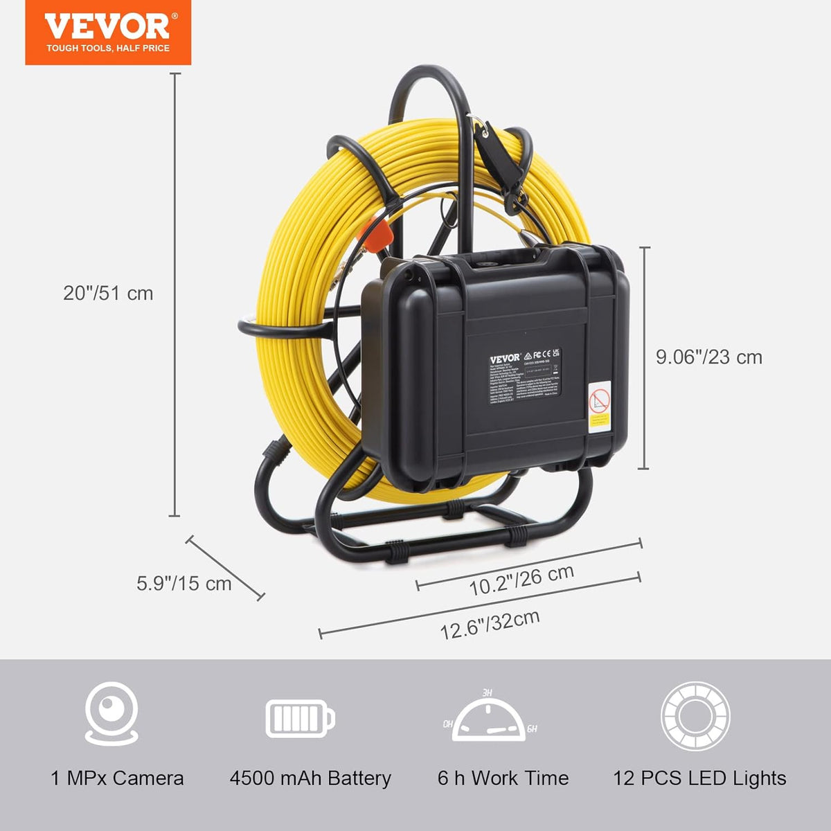VEVOR Inspectiecamera, 91,5 m, 720p kanaalcamera, 130 graden, endoscoopcamera, 12 V, 4500 mAh lithium batterij, 6 uur, buisinspectiecamera, IP68, voor afvalwaterkanalen, afvalwatersystemen, afvoeren