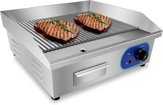 TAIMIKO Elektrische grillplaat, 3000 W, commercieel werkblad, gegroefde grillplaat, hete plaat, elektrische grill, tafelgrill, geribbeld oppervlak, barbecue, steaks, worstjes