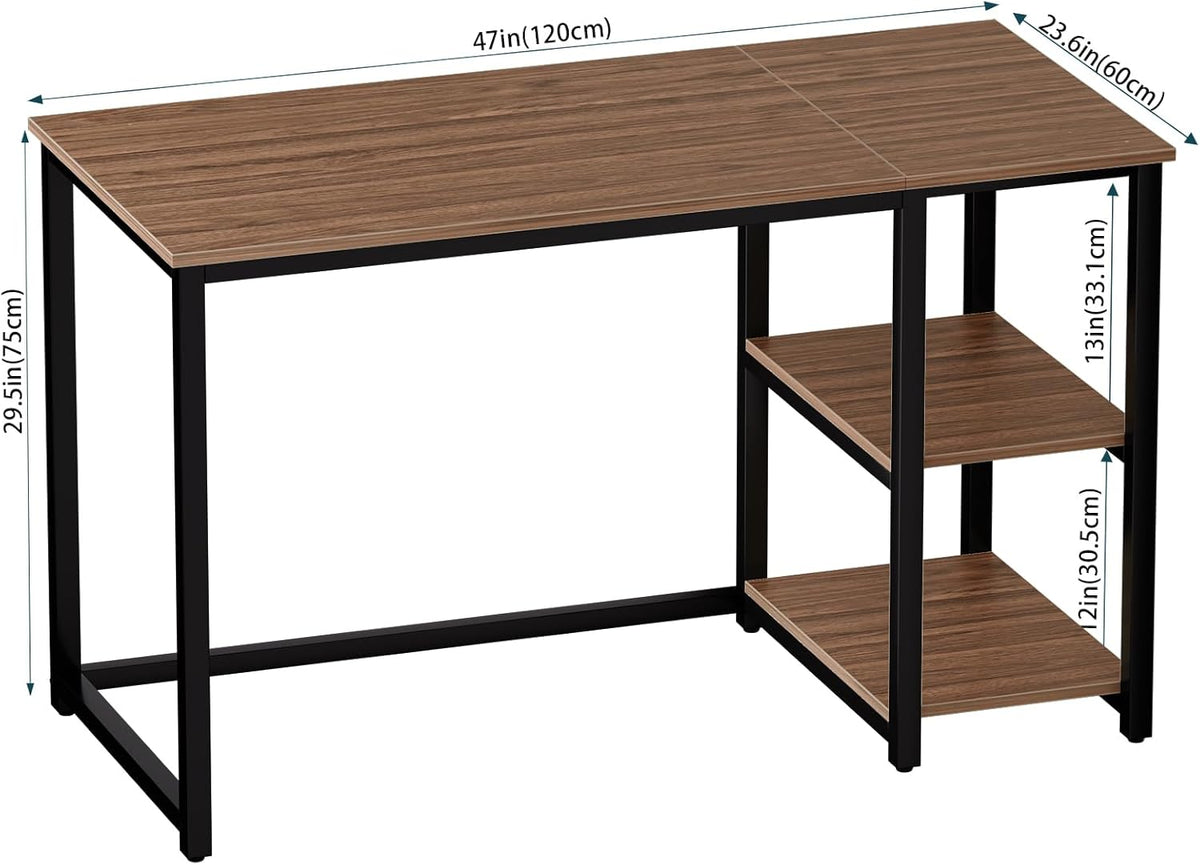 WOHOMO Computerbureau 120 cm met 2-laags planken, stevig thuiskantoor bureau met grote opslagruimte, modern gamingbureau, studie-schrijftafel, laptoptafel, bruin
