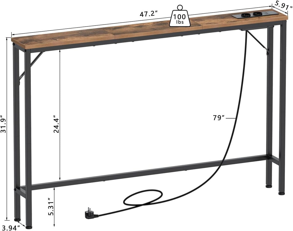VEDECASA 15 cm smalle consoletafels, 2 sets, met stopcontact en USB-poorten, smalle haltafel, bijzettafel, ingangstafel, dressoir voor entree, woonkamer, hal, kantoor, stabiel stalen frame,