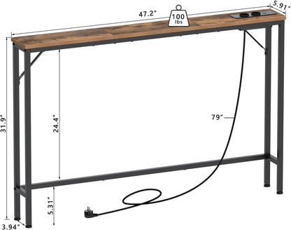 VEDECASA 15 cm smalle consoletafels, 2 sets, met stopcontact en USB-poorten, smalle haltafel, bijzettafel, ingangstafel, dressoir voor entree, woonkamer, hal, kantoor, stabiel stalen frame,