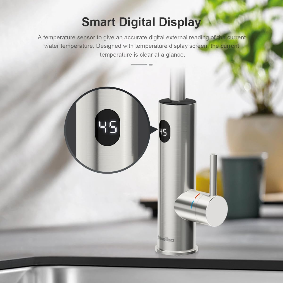 Waterkraan met doorstroomboiler, 220 V, elektrische waterkraan, 360 graden roteren en digitaal display, warmwaterkraan met universeel mondstuk, zilver