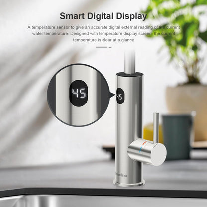 Waterkraan met doorstroomboiler, 220 V, elektrische waterkraan, 360 graden roteren en digitaal display, warmwaterkraan met universeel mondstuk, zilver