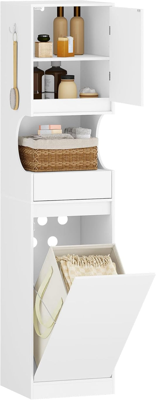 Hzuaneri BC43013X Bathroom Cabinet with Laundry Basket, Laundry Cabinet with 1 Drawer and Open Storage, Bathroom Cabinet with Laundry Collector for Bathroom, Utility Room, 40 x 40 x 174 cm, White