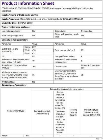 Comfee RCT87WH2(E) Koelkast voor het werkblad, kleine koelkast met licht, afneembare planken, verstelbare thermostaten, omkeerbare deuren, wit [energieklasse E]