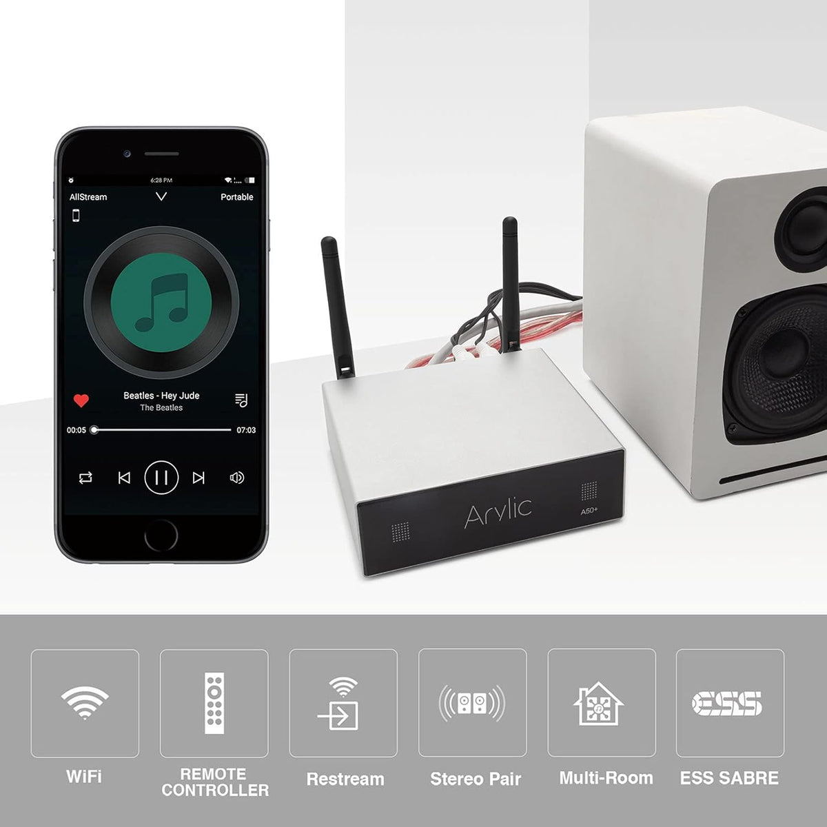 Arylic Up2stream A50+ WiFi en Bluetooth-versterker met AirPlay-uitgang en subwoofer, TPA3116 stereo-installatie, hifi gesynchroniseerde audio in meerdere kamers/meerdere zones