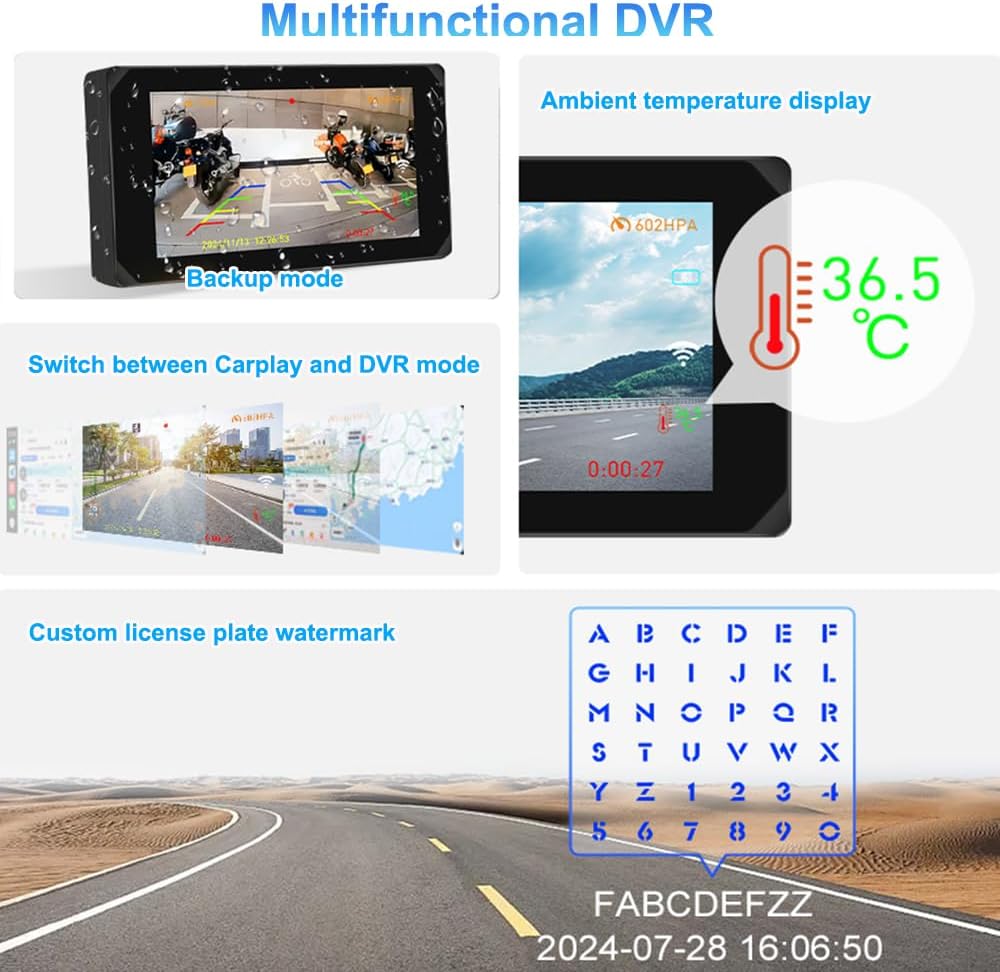VSYSTO Motorfiets Carplay Scherm, Draadloze Carplay en Android Auto, GPS Navigatie, Parkeermonitoring, Bandenspanningssensoren, 5-Inch WiFi Dashcam 1080P Voor- en Achtercamera (CS5PRO)