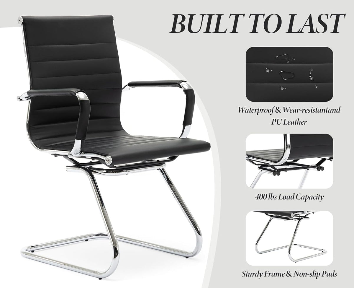 Freischwinger Stoel – Bezoekersstoel – Conferentiestoel – Kantoorstoel – Vergaderstoel – Ergonomisch – PU-Leren Bekleding – Set Van 2 Zwarte Stoelen Met Armleuningen