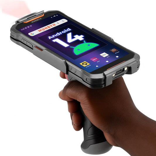 MUNBYN AS01P Android 14 barcodescanner, 6 inch scherm, mobiele computer, handheld PDA met 16 uur werkdag, SE4710 zebrascanner, 1D/2D/QR, upgrade naar toekomstige Android 18 mogelijk