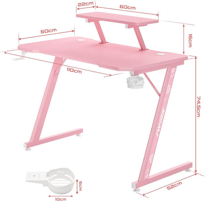 Intimate WM Heart Gaming Bureau, grote ergonomische gaming computer bureau, koolstofvezel tafelblad E-Sports bureau met verstelbare monitor plank, draaibare oortelefoon, beker, handvat houders, roze