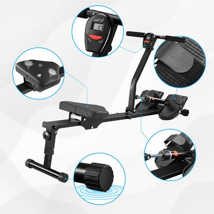 BAKAJI Rowing machine, foldable, space-saving and quiet, training device for indoor use, with LCD display and 12 resistance levels, gym, fitness, cardio (foldable rowing machine - QUORE
