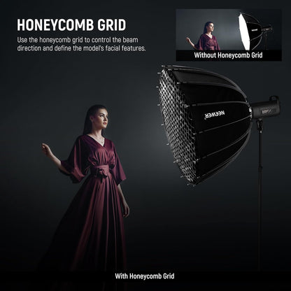 Diepe Parabolische Softbox – Studio Softbox – Flitssoftbox – Videosoftbox – Bowens Mount – 90 x 60 cm – 2 Diffusers En Honingraatrooster