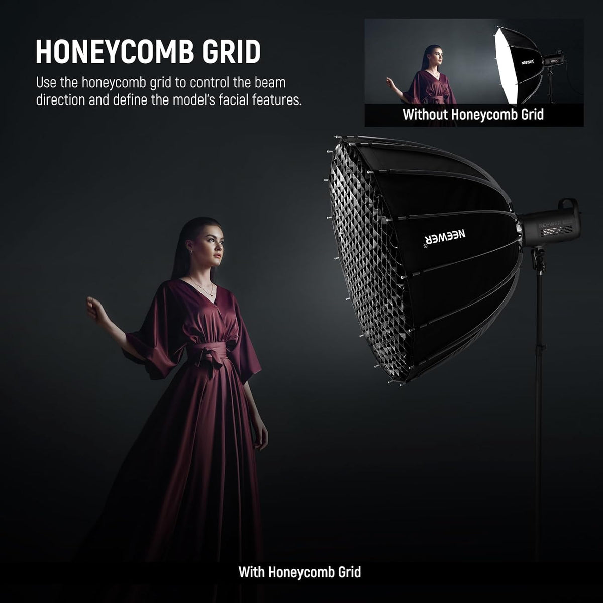 NEEWER Basics Softbox Parabolische Frame Bowens, 35,4 inch Soft Box met snelontgrendeling, lichtdiffuser/rooster/tas, compatibel met Godox, compatibel met Aputure 600d Studio videoverlichting, NS38P