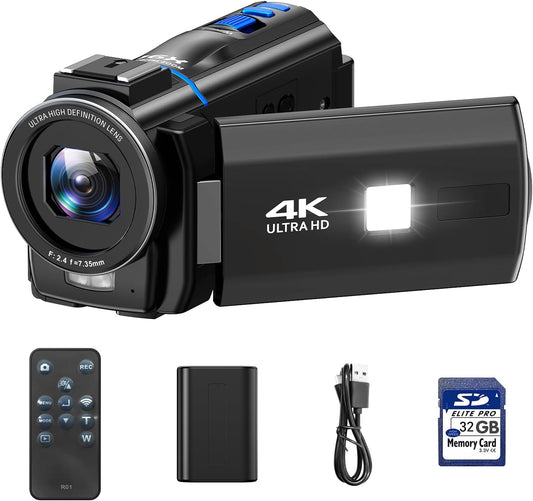 Camcorder 4K 48MP – Videocamera – Vlogcamera – YouTube Camera – Handycam – 3" IPS-Touchscreen 270° Draaibaar – IR Nachtzicht