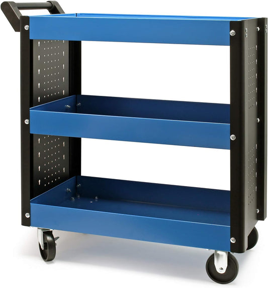 Wiltec werkplaatswagen met 3 laadruimtes, werkplaatstrolley tot 150 kg met handgreep en kunststof wielen, magazijnwagen 83x38x90 cm met opslagruimte en open zijkanten