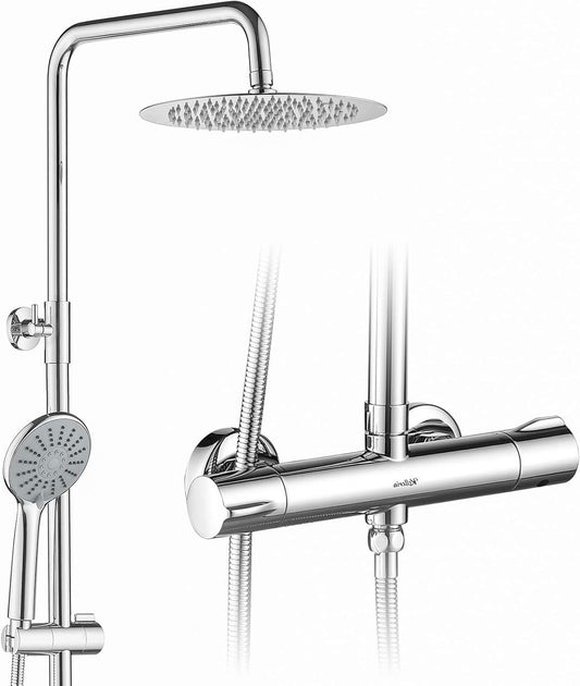 Douchesysteem – Douche Set – Regendouche – Thermostaatkraan – Douche Thermostaat – Veiligheidsvergrendeling 38 °C – Verstelbare Doucherail 80-130 cm – Chroom Afwerking