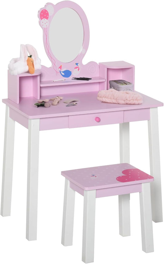 HOMCOM set of 2 children's dressing table with stool dressing table dressing table with drawer compartments mirror from 3 years MDF pine wood pink 60 x 34 x 93 cm - QUORE