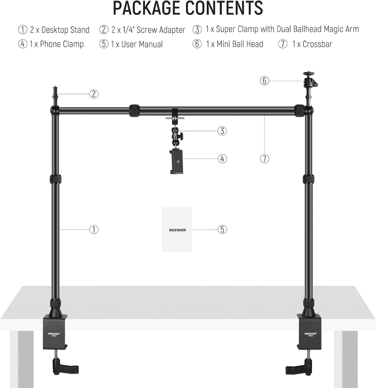 NEEWER NK002 Rig camerahouder met 2 kogelkopjes, Super Clamp/telefoonhouder, tafelhouder, multi-apparaathouder, platform, overhead-statief, instelbare hoogte, maximale belasting 12 kg