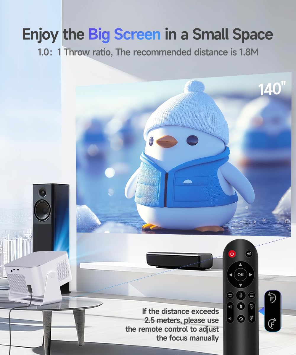 Alwtniet Draagbare beamer, 4K, 8K, Native Full HD, 1080P, mini-projector, Android 14, WiFi 6, Bluetooth 5.4, autofocus, 6D, autofocus, 180°-rotatie, voor thuisbioscoop, smart-tv, zeer korte opname