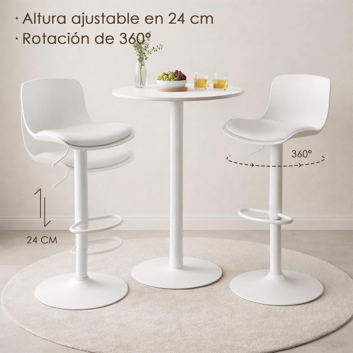 Kidol & Shellder Barkrukken, 2-delige set, wit, in hoogte verstelbare barkrukken met rugleuning, draaibare barstoelen, keukenkruk voor keuken en toonbank