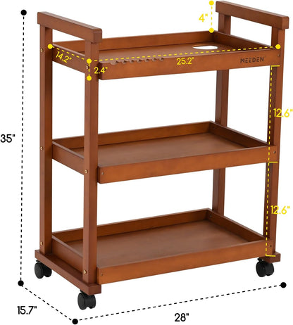 Bijzetwagen met wieltjes – Opbergwagen – Opbergtrolley – Verrijdbare organizer – Trolley – Walnoot, 3-laags – Massief beukenhout – 360° zwenkwielen met 2 remmen