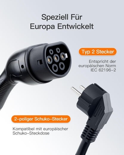 tomons Oplader voor elektrische auto, type 2, 3,5 kW, 16 A, 6 m, instelbare stroom 6/8/10/13/16 A, IP66, draagbare oplader voor EV's en PHEV's, mobiele wandbox, met led-display en vertragingsfunctie.