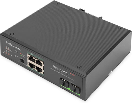 DIGITUS industriële 6-poorts Gigabit PoE netwerkswitch - 4x RJ45 + 2x Gigabit SFP uplink - unmanaged - DIN rail montage - 10/100/1000 Mbit/s - zwart