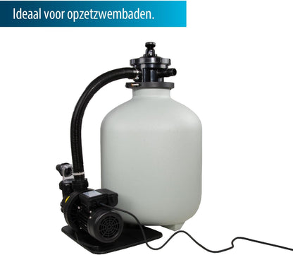 AquaForte Zandfilterset SQ-460, filtercapaciteit 68 L, filtermateriaal 68 kg (zand), max. debiet 10 m3 per uur, 550 Watt, max. bekkengrootte 39,5 m3, uitgerust met 6-wegklep bovenaan