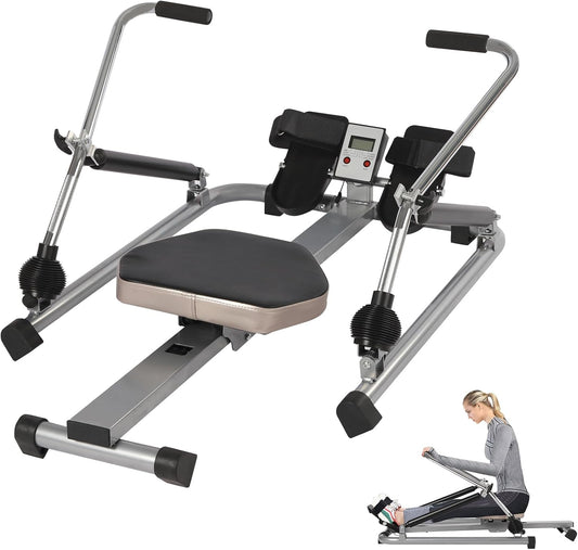 Home Rowing Machine, Double Paddle, Rower with LED Display, Quiet, Hydraulic Resistance, up to 120 kg, Rowing Machine, Full Body Training, Simulates Real Rowing - QUORE